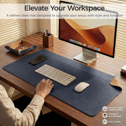 Premium Faux Leather Desk Mat & Tray Set，Innovative Cork-Look Printed Base，Gift Tube Packaging，Full-Desk Coverage，Non-Slip Desk Pad for Office Home（Espresso Brown）
