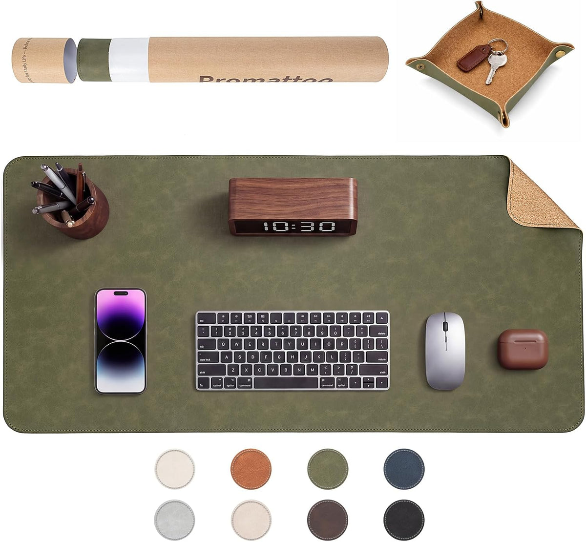 Premium Faux Leather Desk Mat & Tray Set，Innovative Cork-Look Printed Base，Gift Tube Packaging，Full-Desk Coverage，Non-Slip Desk Pad for Office Home（Espresso Brown）