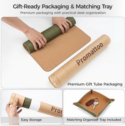 Premium Faux Leather Desk Mat & Tray Set，Innovative Cork-Look Printed Base，Gift Tube Packaging，Full-Desk Coverage，Non-Slip Desk Pad for Office Home（Espresso Brown）