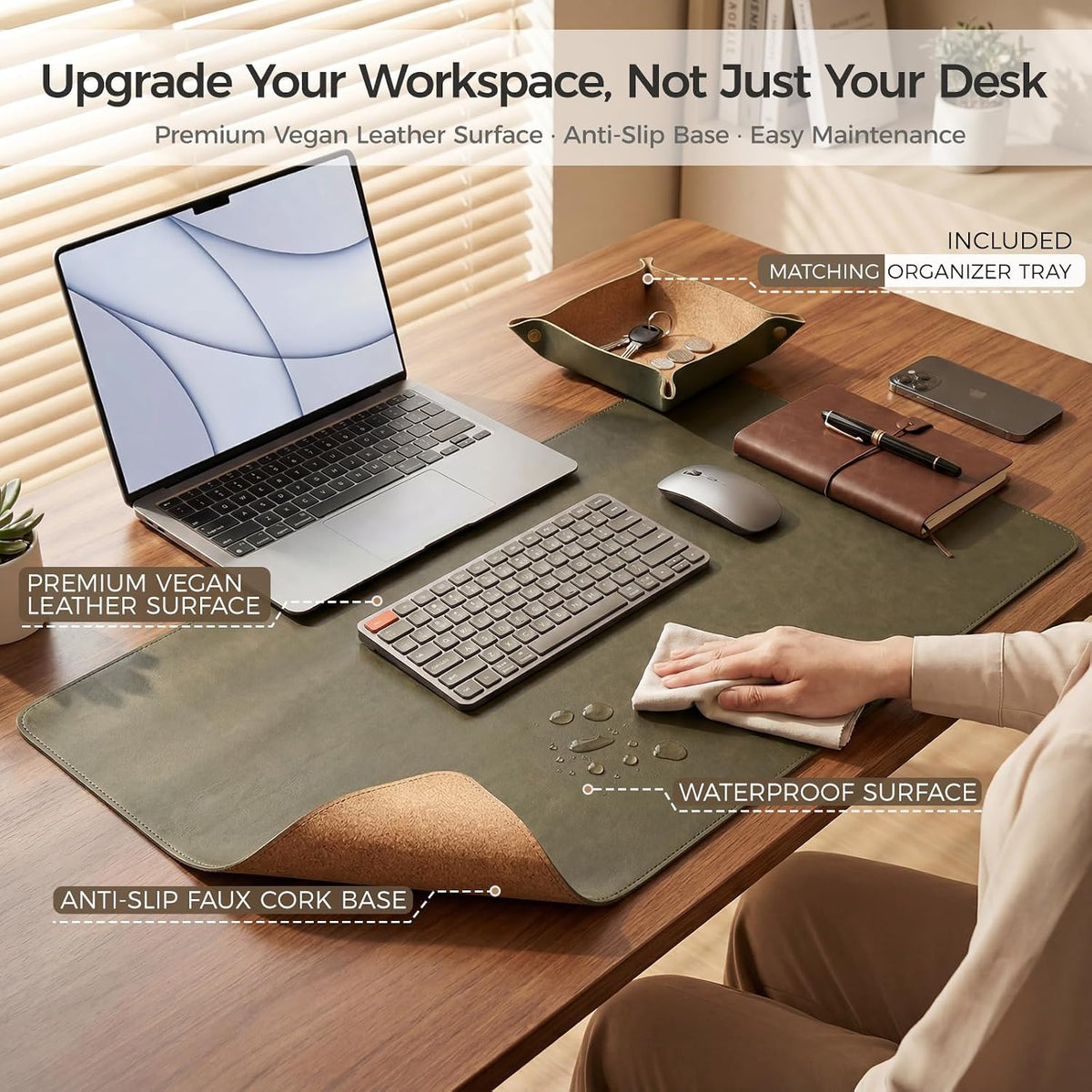 Premium Faux Leather Desk Mat & Tray Set，Innovative Cork-Look Printed Base，Gift Tube Packaging，Full-Desk Coverage，Non-Slip Desk Pad for Office Home（Espresso Brown）
