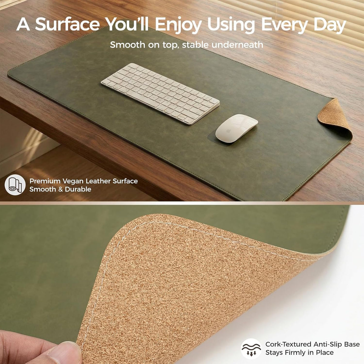 Premium Faux Leather Desk Mat & Tray Set，Innovative Cork-Look Printed Base，Gift Tube Packaging，Full-Desk Coverage，Non-Slip Desk Pad for Office Home（Espresso Brown）