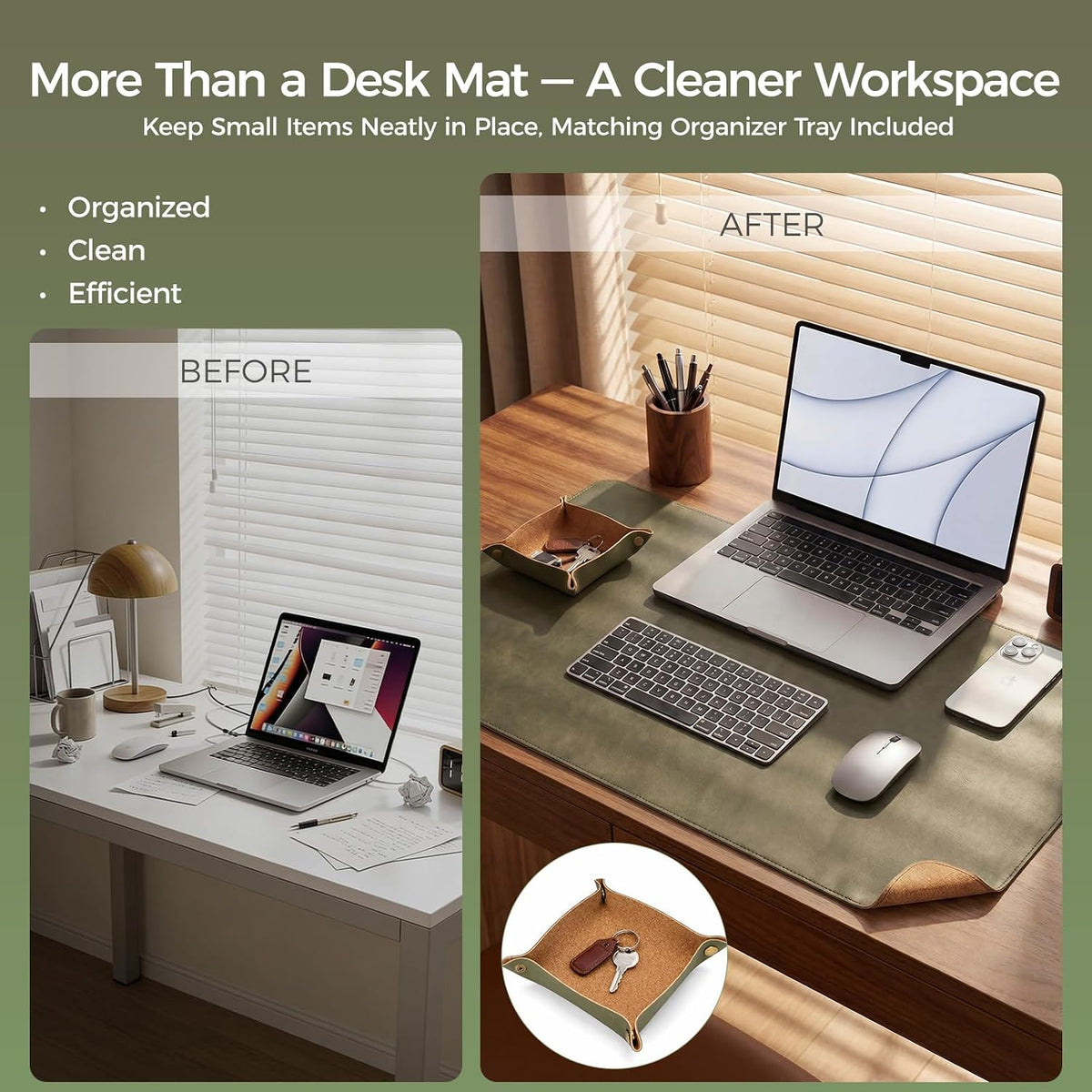 Premium Faux Leather Desk Mat & Tray Set，Innovative Cork-Look Printed Base，Gift Tube Packaging，Full-Desk Coverage，Non-Slip Desk Pad for Office Home（Espresso Brown）
