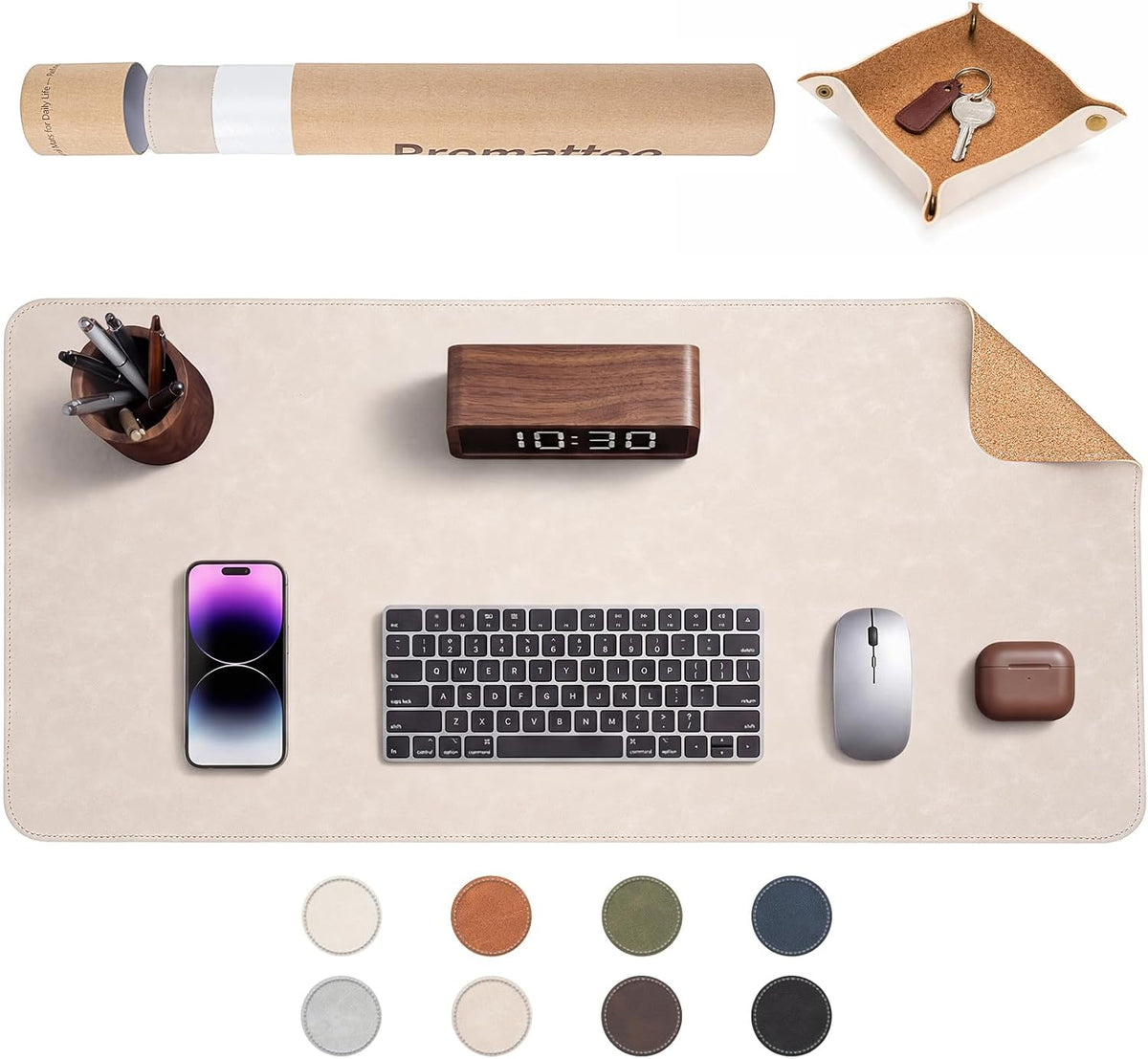 Premium Faux Leather Desk Mat & Tray Set，Innovative Cork-Look Printed Base，Gift Tube Packaging，Full-Desk Coverage，Non-Slip Desk Pad for Office Home（Espresso Brown）