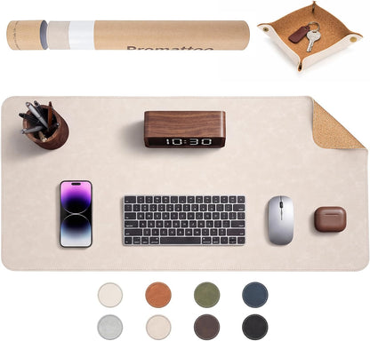 Premium Faux Leather Desk Mat & Tray Set，Innovative Cork-Look Printed Base，Gift Tube Packaging，Full-Desk Coverage，Non-Slip Desk Pad for Office Home（Espresso Brown）
