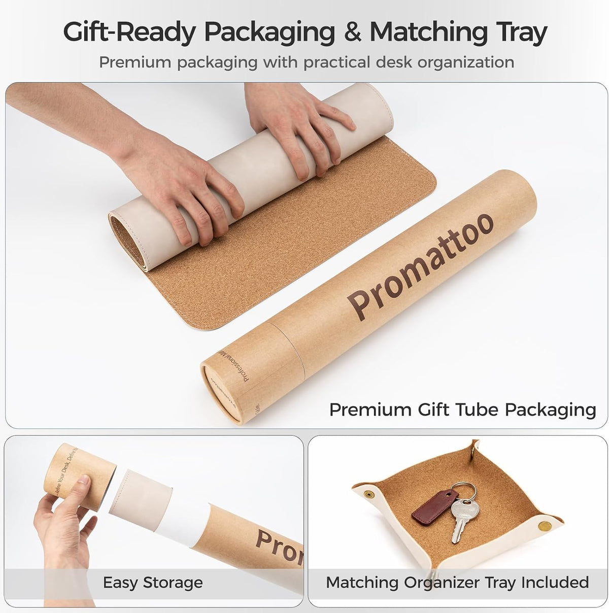 Premium Faux Leather Desk Mat & Tray Set，Innovative Cork-Look Printed Base，Gift Tube Packaging，Full-Desk Coverage，Non-Slip Desk Pad for Office Home（Espresso Brown）