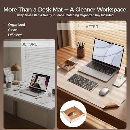 Premium Faux Leather Desk Mat & Tray Set，Innovative Cork-Look Printed Base，Gift Tube Packaging，Full-Desk Coverage，Non-Slip Desk Pad for Office Home（Espresso Brown）