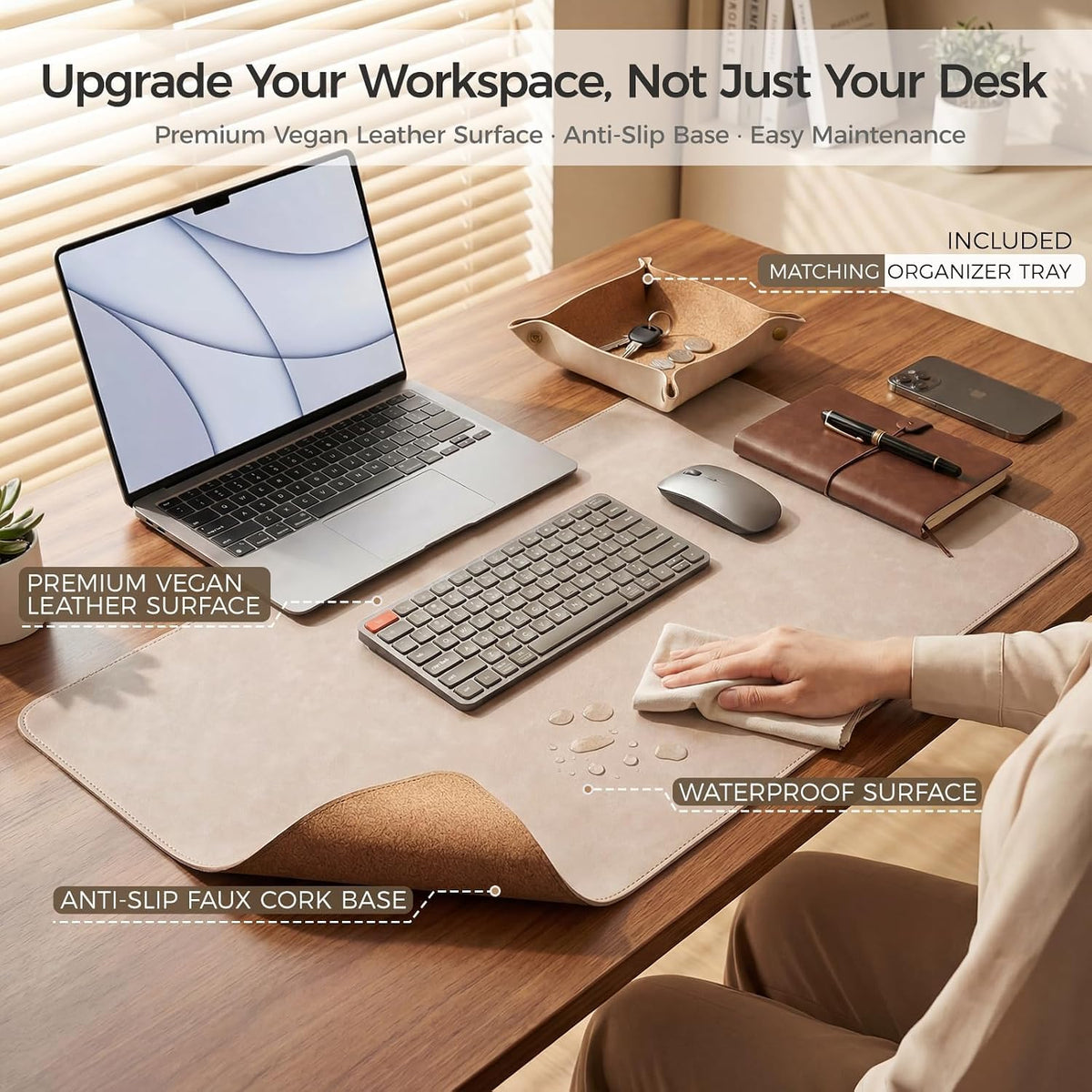 Premium Faux Leather Desk Mat & Tray Set，Innovative Cork-Look Printed Base，Gift Tube Packaging，Full-Desk Coverage，Non-Slip Desk Pad for Office Home（Espresso Brown）