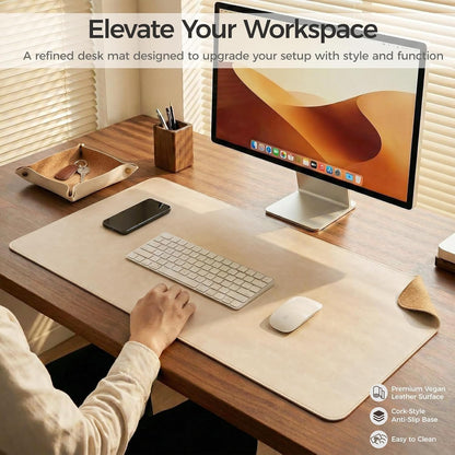Premium Faux Leather Desk Mat & Tray Set，Innovative Cork-Look Printed Base，Gift Tube Packaging，Full-Desk Coverage，Non-Slip Desk Pad for Office Home（Espresso Brown）