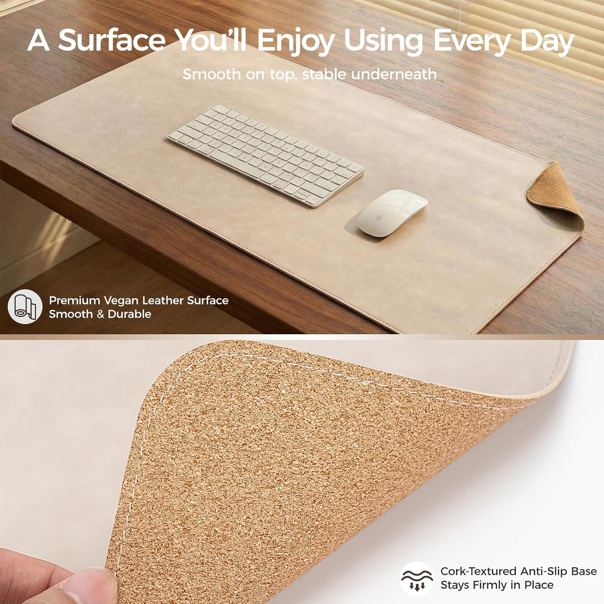 Premium Faux Leather Desk Mat & Tray Set，Innovative Cork-Look Printed Base，Gift Tube Packaging，Full-Desk Coverage，Non-Slip Desk Pad for Office Home（Espresso Brown）