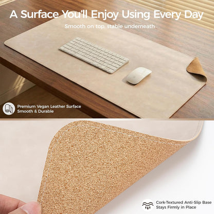 Premium Faux Leather Desk Mat & Tray Set，Innovative Cork-Look Printed Base，Gift Tube Packaging，Full-Desk Coverage，Non-Slip Desk Pad for Office Home（Espresso Brown）