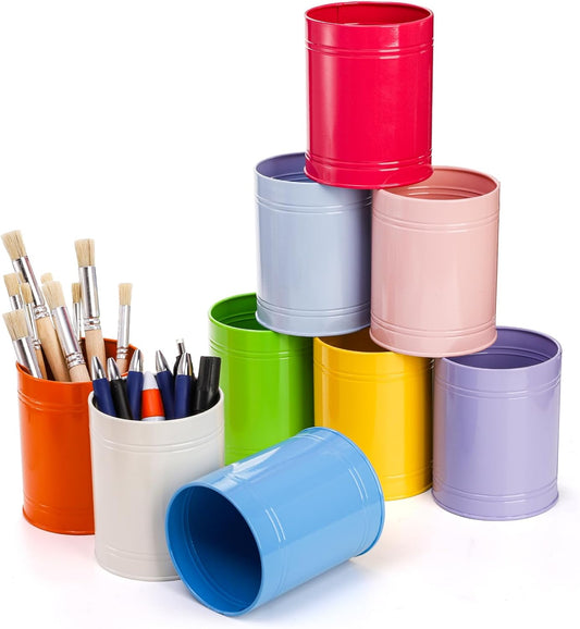 9 Pack Metal Pen Holders for Desk, Colorful Bulk Round Pencil Cup Caddy, Desktop Stationery Organizer and Accessories for Office Classroom, Makeup Brush Storage, 3.5 x 4.5 Inches