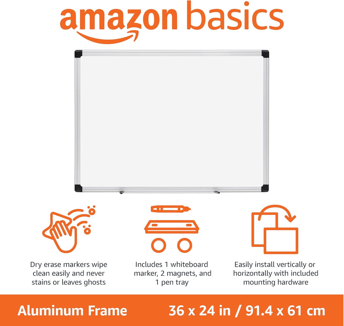 Magnetic Dry Erase Whiteboard, 36"W x 24"H, Aluminum Frame, Silver/White, Easy to Install and Clean