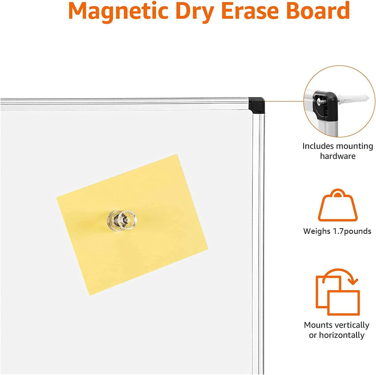 Magnetic Dry Erase Whiteboard, 36"W x 24"H, Aluminum Frame, Silver/White, Easy to Install and Clean