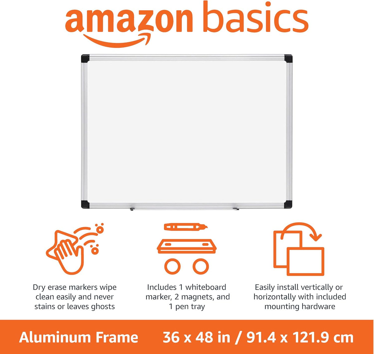 Magnetic Dry Erase Whiteboard, 36"W x 24"H, Aluminum Frame, Silver/White, Easy to Install and Clean