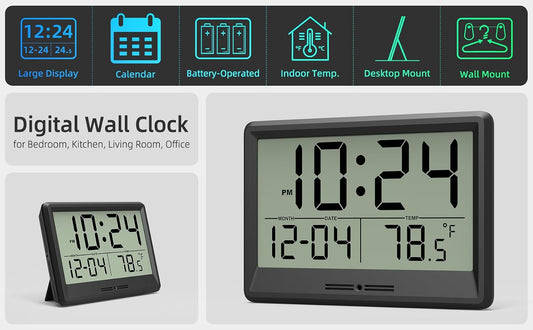 Digital Wall Clock Battery Operated, 8 Inch Small Wall Clock with Large Display, Temperature and Date | Simple Desk Clock | Silent Wall Mount Digital Clock for Bedroom, Kitchen, Living Room, Office