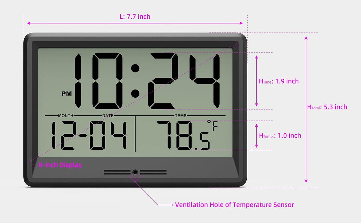 Digital Wall Clock Battery Operated, 8 Inch Small Wall Clock with Large Display, Temperature and Date | Simple Desk Clock | Silent Wall Mount Digital Clock for Bedroom, Kitchen, Living Room, Office