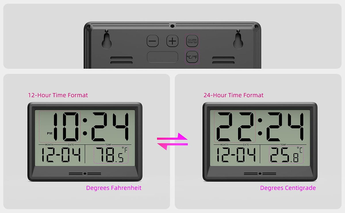 Digital Wall Clock Battery Operated, 8 Inch Small Wall Clock with Large Display, Temperature and Date | Simple Desk Clock | Silent Wall Mount Digital Clock for Bedroom, Kitchen, Living Room, Office