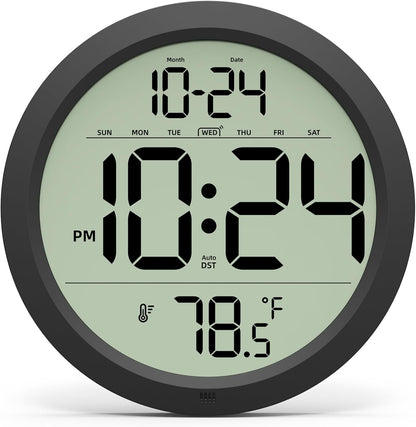 Digital Wall Clock Battery Operated, 8 Inch Small Wall Clock with Large Display, Temperature and Date | Simple Desk Clock | Silent Wall Mount Digital Clock for Bedroom, Kitchen, Living Room, Office