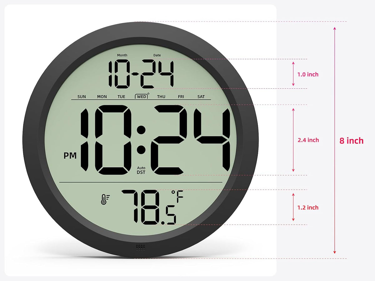 Digital Wall Clock Battery Operated, 8 Inch Small Wall Clock with Large Display, Temperature and Date | Simple Desk Clock | Silent Wall Mount Digital Clock for Bedroom, Kitchen, Living Room, Office
