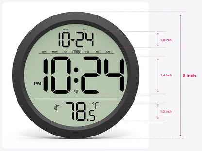 Digital Wall Clock Battery Operated, 8 Inch Small Wall Clock with Large Display, Temperature and Date | Simple Desk Clock | Silent Wall Mount Digital Clock for Bedroom, Kitchen, Living Room, Office
