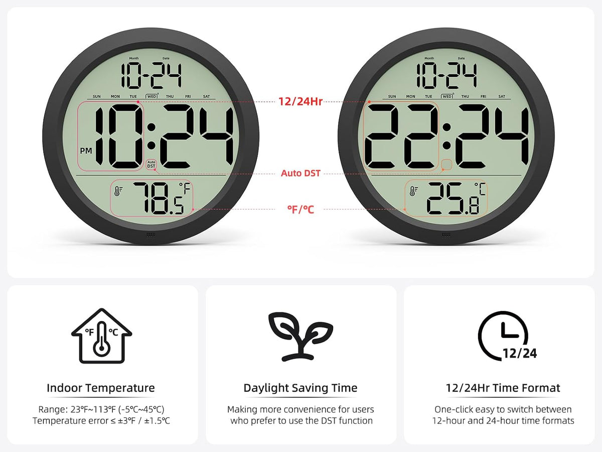 Digital Wall Clock Battery Operated, 8 Inch Small Wall Clock with Large Display, Temperature and Date | Simple Desk Clock | Silent Wall Mount Digital Clock for Bedroom, Kitchen, Living Room, Office