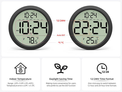 Digital Wall Clock Battery Operated, 8 Inch Small Wall Clock with Large Display, Temperature and Date | Simple Desk Clock | Silent Wall Mount Digital Clock for Bedroom, Kitchen, Living Room, Office