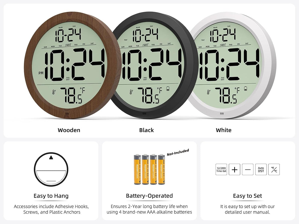 Digital Wall Clock Battery Operated, 8 Inch Small Wall Clock with Large Display, Temperature and Date | Simple Desk Clock | Silent Wall Mount Digital Clock for Bedroom, Kitchen, Living Room, Office