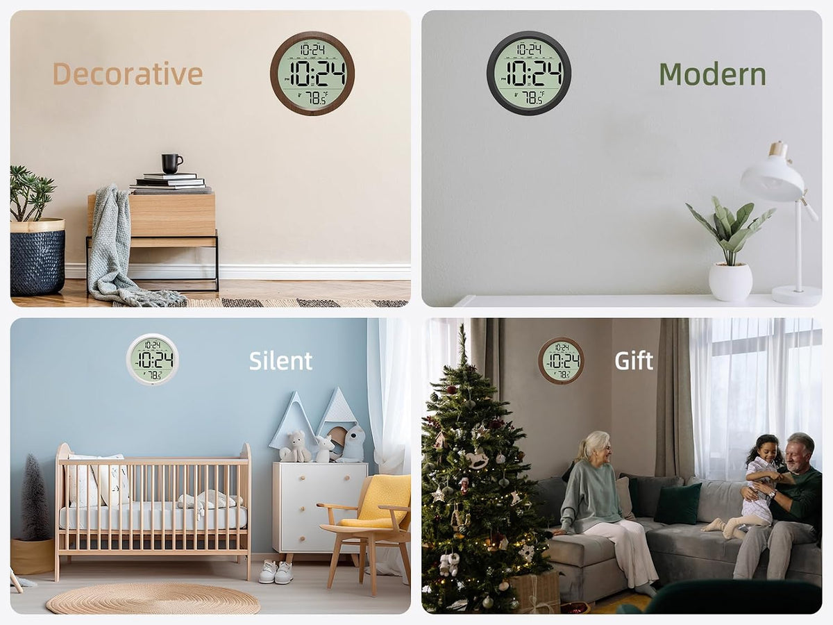 Digital Wall Clock Battery Operated, 8 Inch Small Wall Clock with Large Display, Temperature and Date | Simple Desk Clock | Silent Wall Mount Digital Clock for Bedroom, Kitchen, Living Room, Office