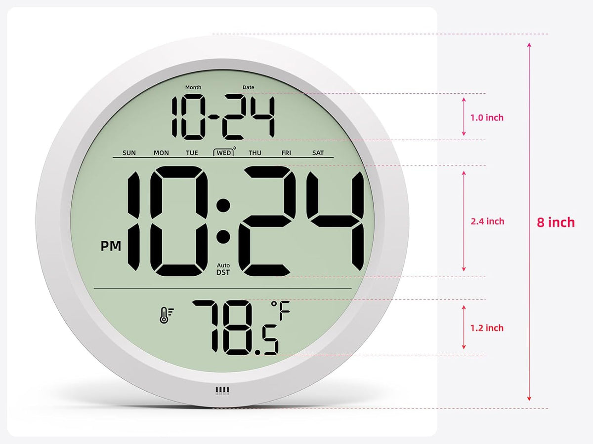 Digital Wall Clock Battery Operated, 8 Inch Small Wall Clock with Large Display, Temperature and Date | Simple Desk Clock | Silent Wall Mount Digital Clock for Bedroom, Kitchen, Living Room, Office