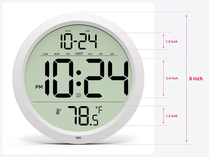 Digital Wall Clock Battery Operated, 8 Inch Small Wall Clock with Large Display, Temperature and Date | Simple Desk Clock | Silent Wall Mount Digital Clock for Bedroom, Kitchen, Living Room, Office