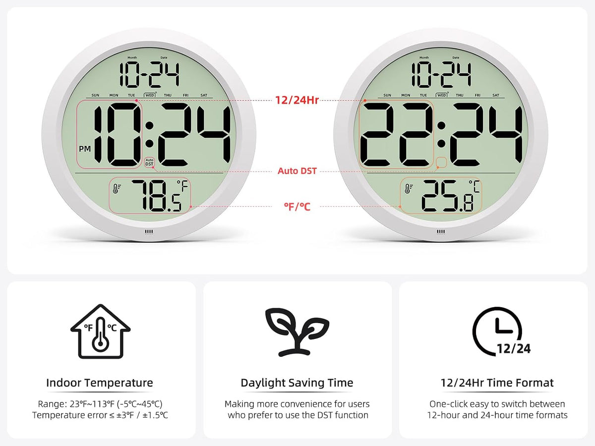 Digital Wall Clock Battery Operated, 8 Inch Small Wall Clock with Large Display, Temperature and Date | Simple Desk Clock | Silent Wall Mount Digital Clock for Bedroom, Kitchen, Living Room, Office