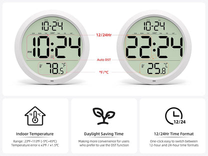 Digital Wall Clock Battery Operated, 8 Inch Small Wall Clock with Large Display, Temperature and Date | Simple Desk Clock | Silent Wall Mount Digital Clock for Bedroom, Kitchen, Living Room, Office