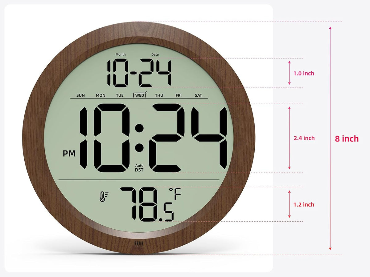 Digital Wall Clock Battery Operated, 8 Inch Small Wall Clock with Large Display, Temperature and Date | Simple Desk Clock | Silent Wall Mount Digital Clock for Bedroom, Kitchen, Living Room, Office