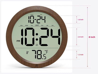 Digital Wall Clock Battery Operated, 8 Inch Small Wall Clock with Large Display, Temperature and Date | Simple Desk Clock | Silent Wall Mount Digital Clock for Bedroom, Kitchen, Living Room, Office
