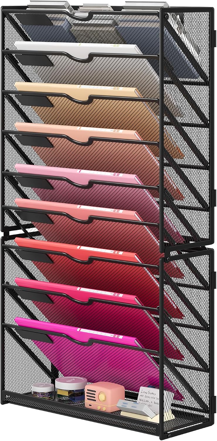 10-Tier Hanging Wall File Folders Organizer - Black Metal Mesh Paper Magazine Document Mail Holder File Organizer for Office School Home Wall Mount or Desk Supplies Organization