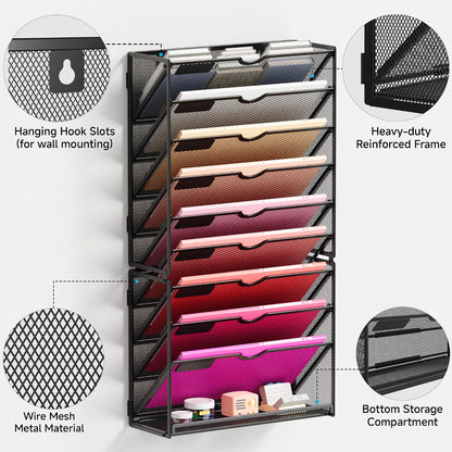 10-Tier Hanging Wall File Folders Organizer - Black Metal Mesh Paper Magazine Document Mail Holder File Organizer for Office School Home Wall Mount or Desk Supplies Organization