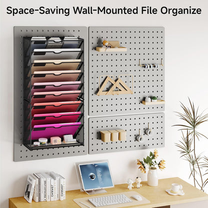 10-Tier Hanging Wall File Folders Organizer - Black Metal Mesh Paper Magazine Document Mail Holder File Organizer for Office School Home Wall Mount or Desk Supplies Organization