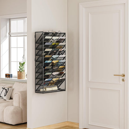 10-Tier Hanging Wall File Folders Organizer - Black Metal Mesh Paper Magazine Document Mail Holder File Organizer for Office School Home Wall Mount or Desk Supplies Organization