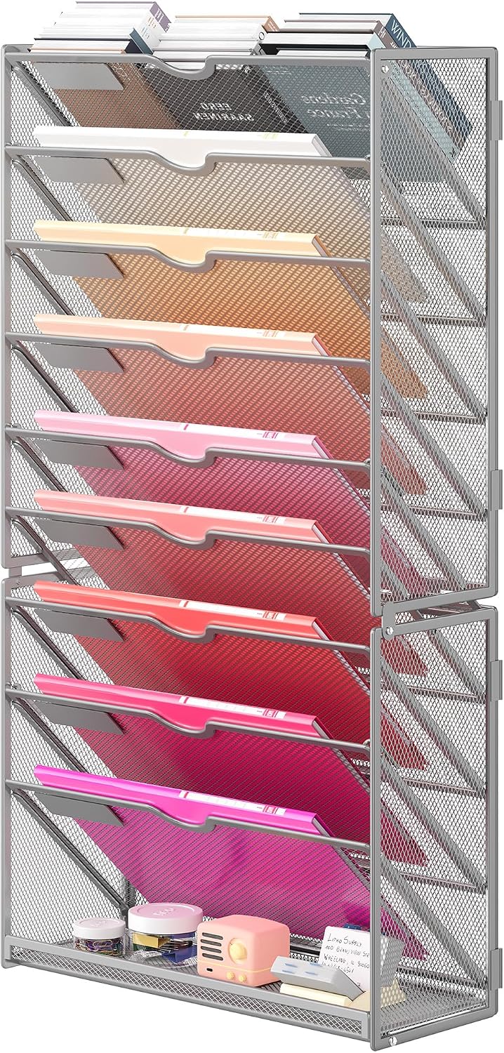 10-Tier Hanging Wall File Folders Organizer - Black Metal Mesh Paper Magazine Document Mail Holder File Organizer for Office School Home Wall Mount or Desk Supplies Organization