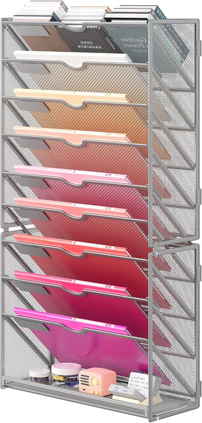 10-Tier Hanging Wall File Folders Organizer - Black Metal Mesh Paper Magazine Document Mail Holder File Organizer for Office School Home Wall Mount or Desk Supplies Organization