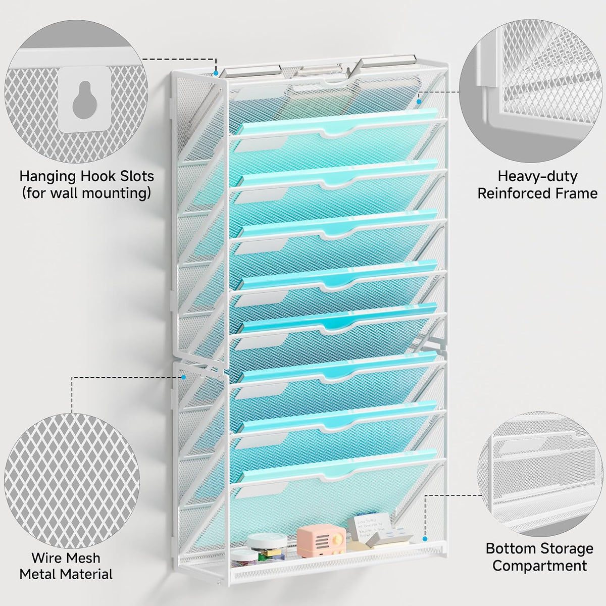 10-Tier Hanging Wall File Folders Organizer - Black Metal Mesh Paper Magazine Document Mail Holder File Organizer for Office School Home Wall Mount or Desk Supplies Organization