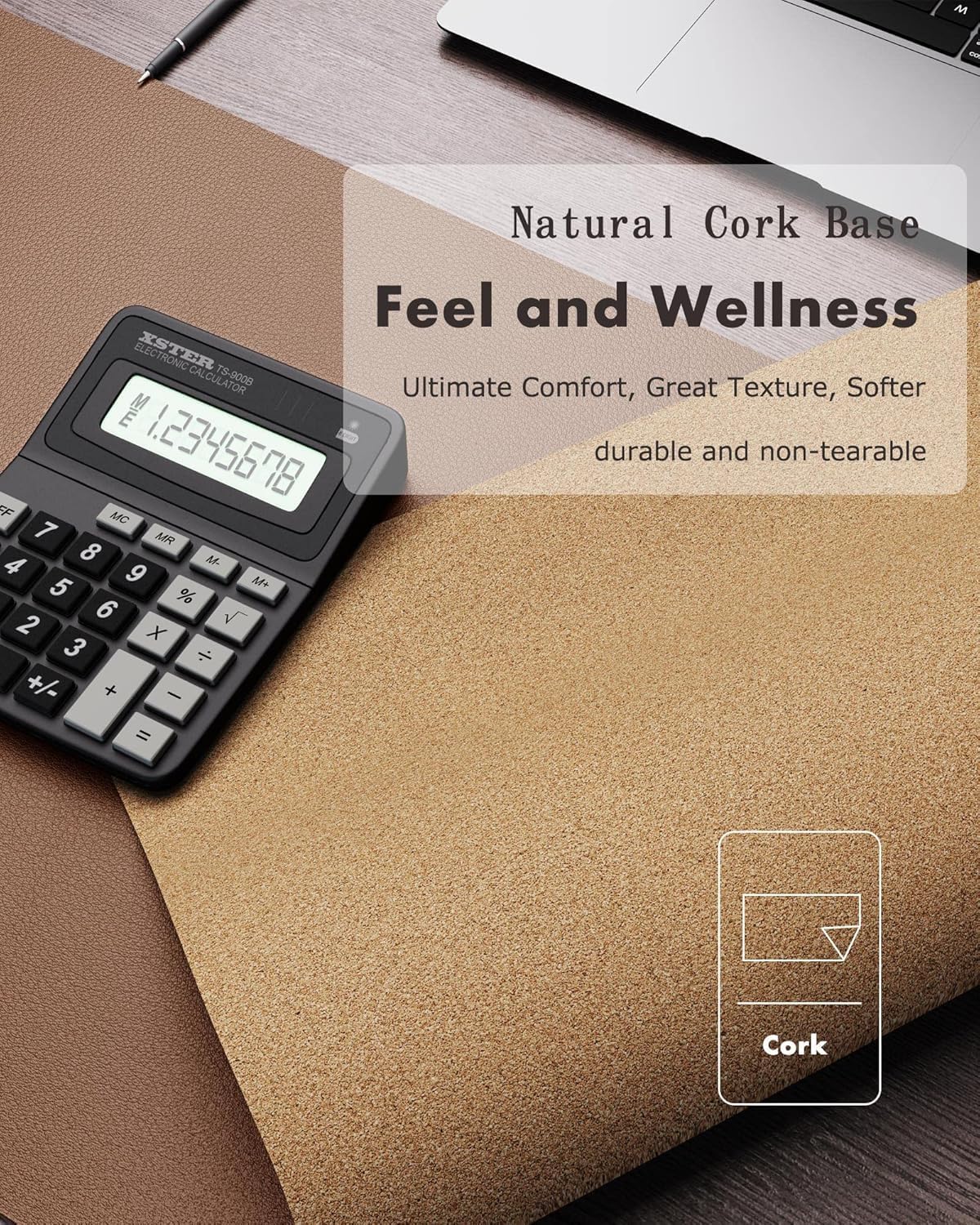 Double-Sided Desk Pad, 31.5"x15.7"Leather Desk Mat, Eco Cork Desk Pad Protector,Large Mouse Pad,Waterproof Desk Blotter for Office/Home(Coffee)