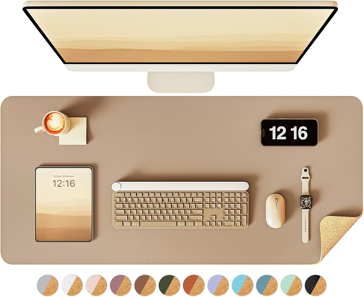 Double-Sided Desk Pad, 31.5"x15.7"Leather Desk Mat, Eco Cork Desk Pad Protector,Large Mouse Pad,Waterproof Desk Blotter for Office/Home(Coffee)