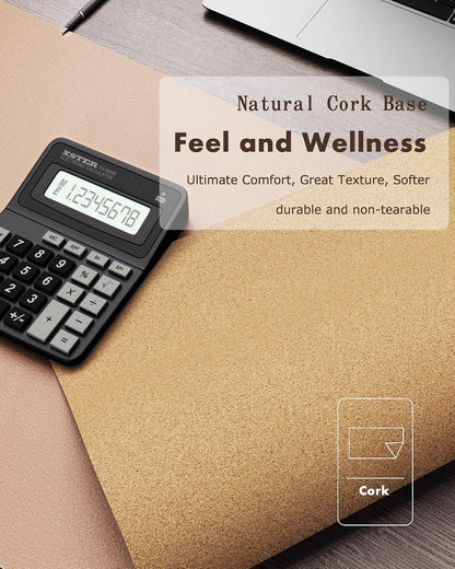Double-Sided Desk Pad, 31.5"x15.7"Leather Desk Mat, Eco Cork Desk Pad Protector,Large Mouse Pad,Waterproof Desk Blotter for Office/Home(Coffee)
