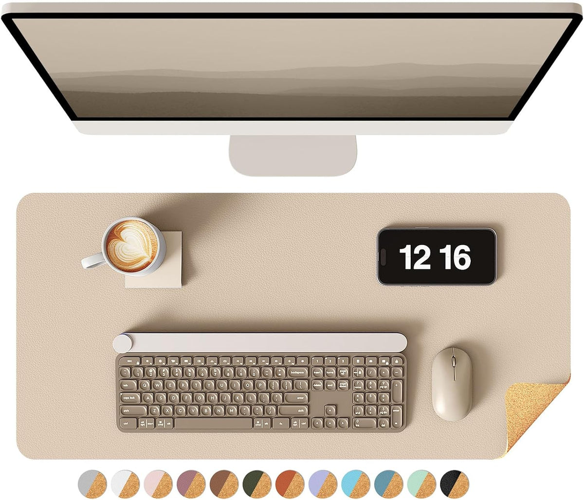 Double-Sided Desk Pad, 31.5"x15.7"Leather Desk Mat, Eco Cork Desk Pad Protector,Large Mouse Pad,Waterproof Desk Blotter for Office/Home(Coffee)