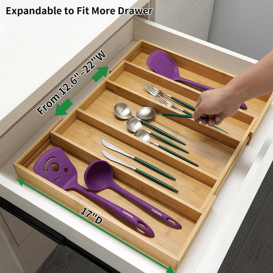 Bamboo Expandable Kitchen Drawer Organizer Silverware Utensil Tray