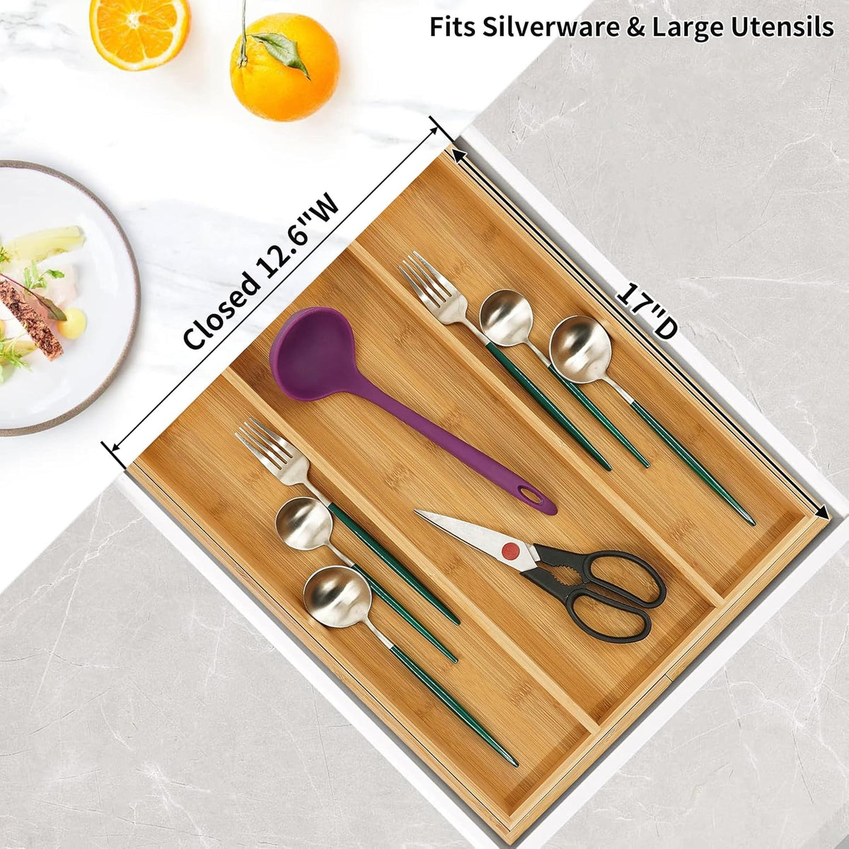 Bamboo Expandable Kitchen Drawer Organizer Silverware Utensil Tray