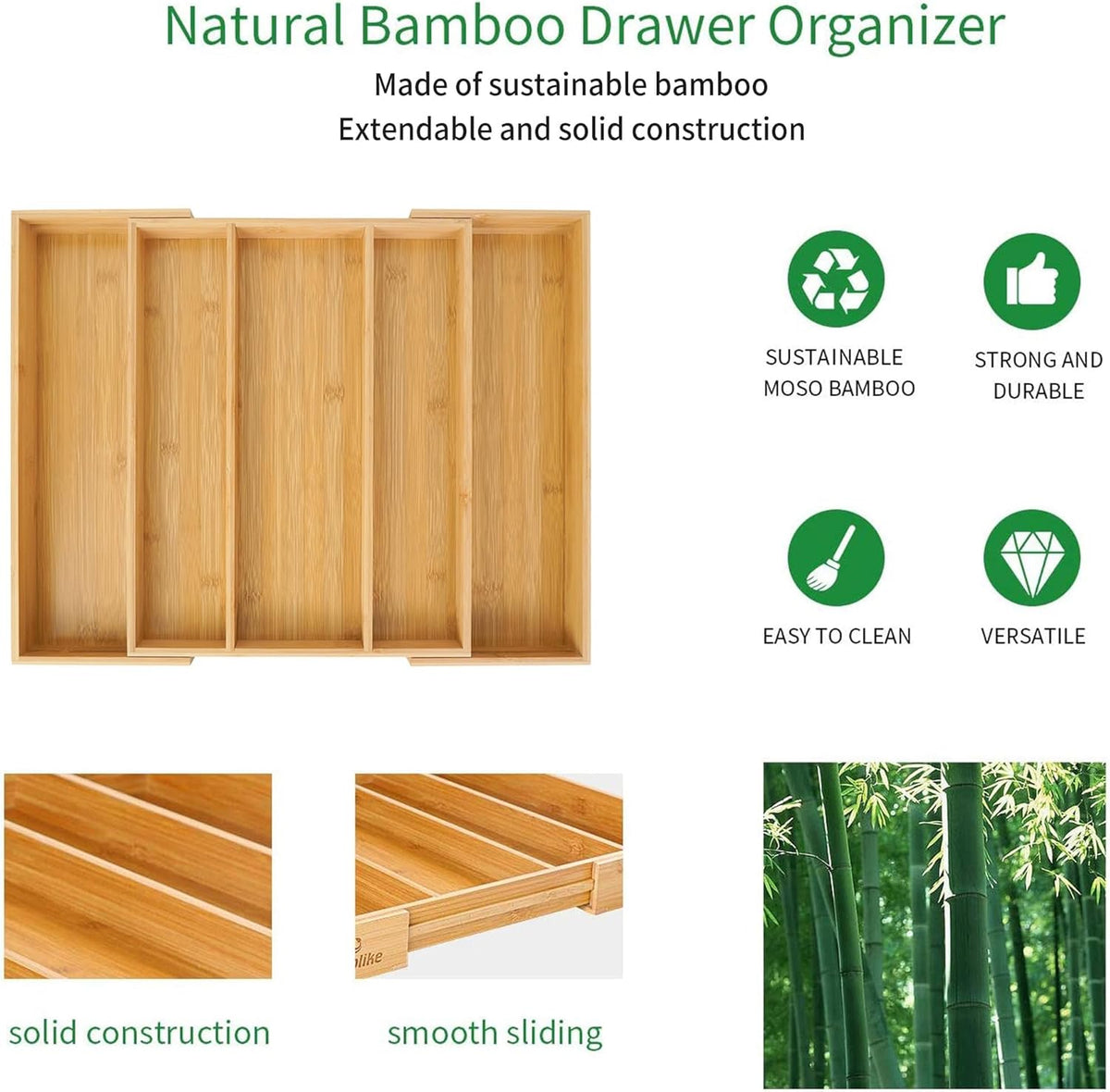Bamboo Expandable Kitchen Drawer Organizer Silverware Utensil Tray