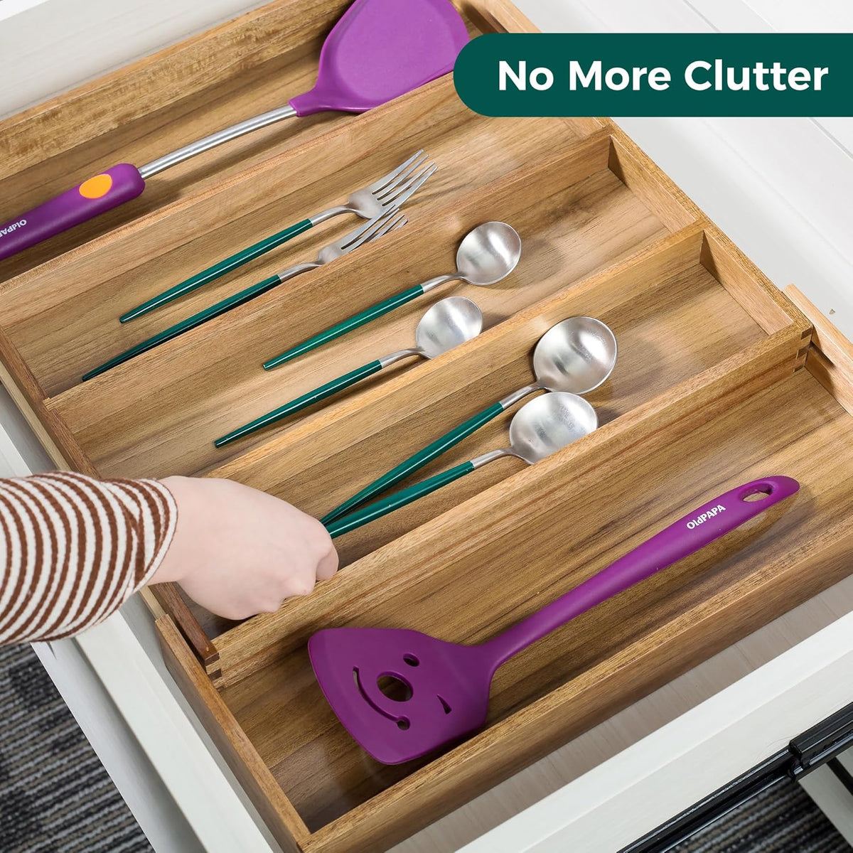 Bamboo Expandable Kitchen Drawer Organizer Silverware Utensil Tray