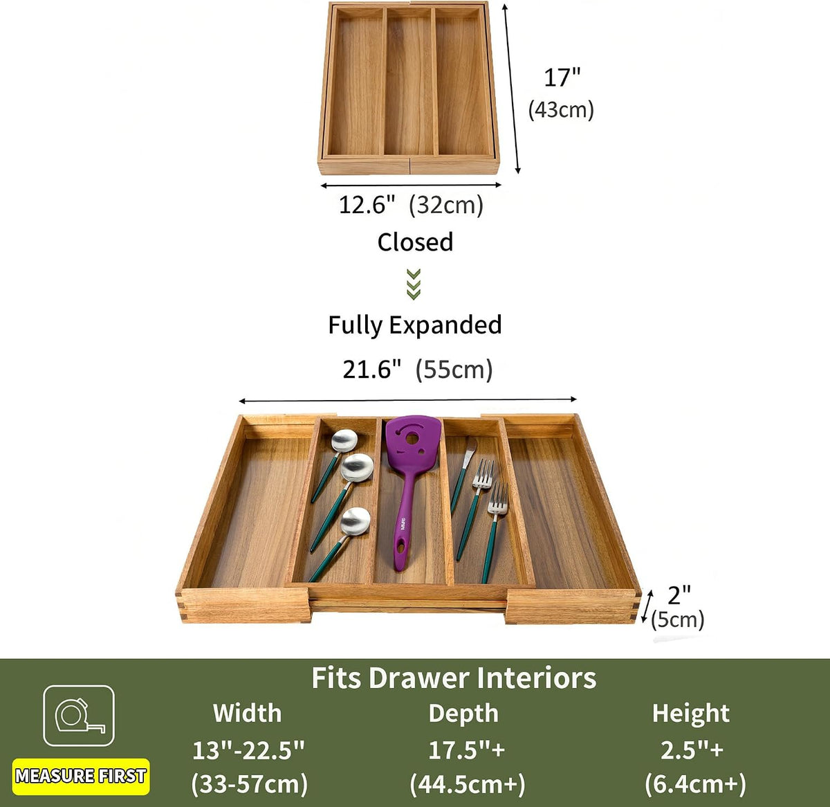 Bamboo Expandable Kitchen Drawer Organizer Silverware Utensil Tray